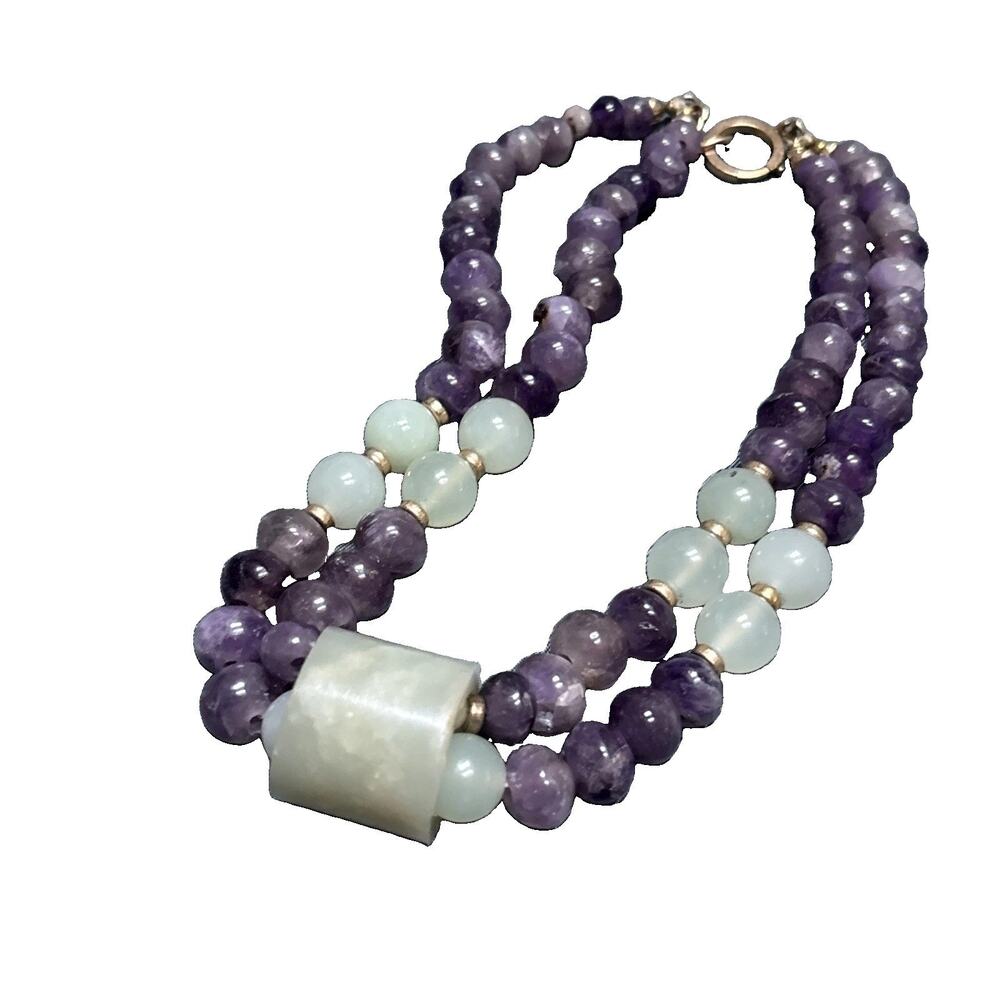 Artisan Amethyst & Jade Large Chunky Beads Choker Necklace 15” Long x 1” Wide